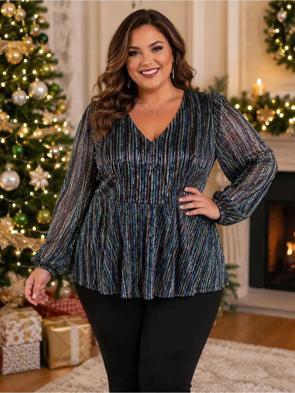 Lane Bryant Metallic Stripe Peplum Blouse Black 14/16 NWT